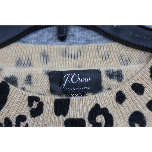 J Crew Sweater Womens XXS Tan Black Leopard 100% Cashmere Crew Neck Side Slit - Picture 3 of 5